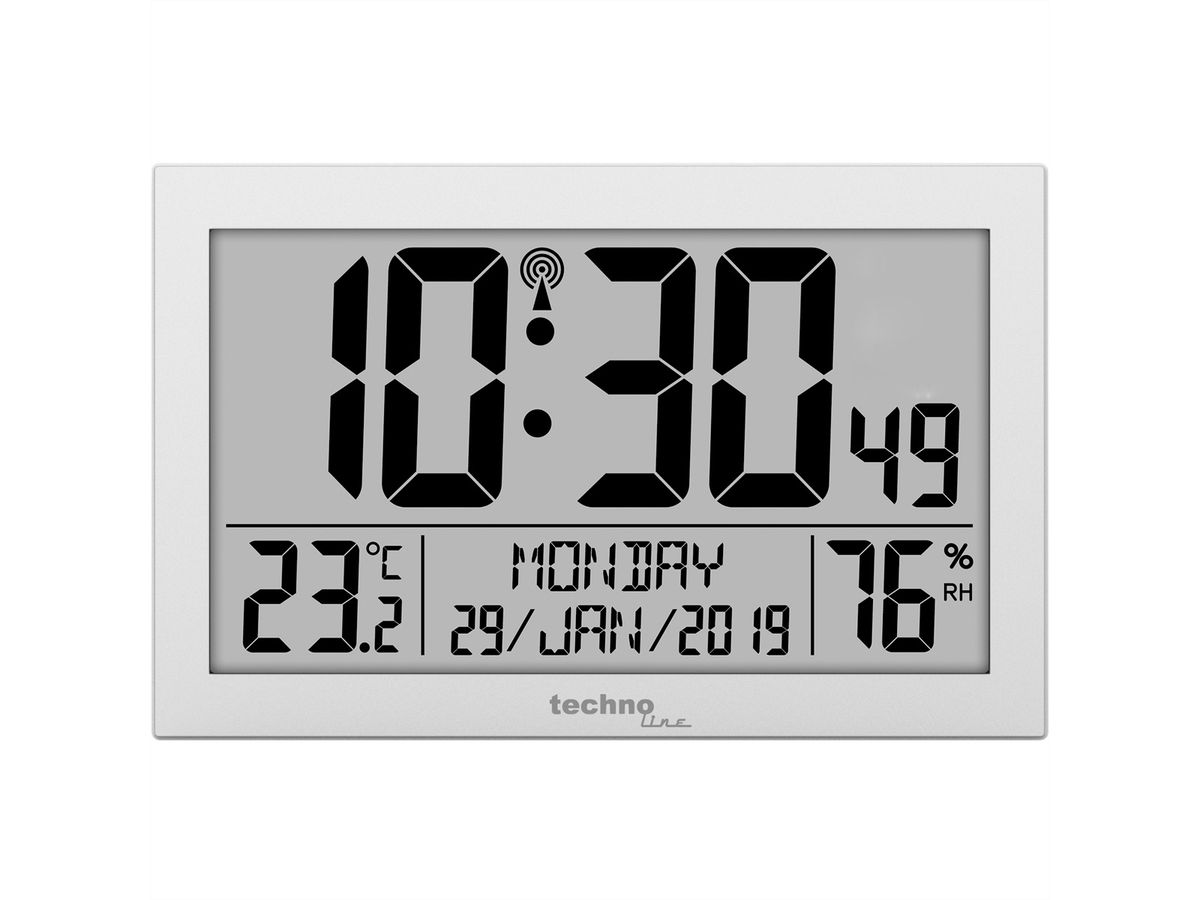 Technoline Horloge murale radio WS8016 blanc Affichage date & jour de la semaine, temp. int.