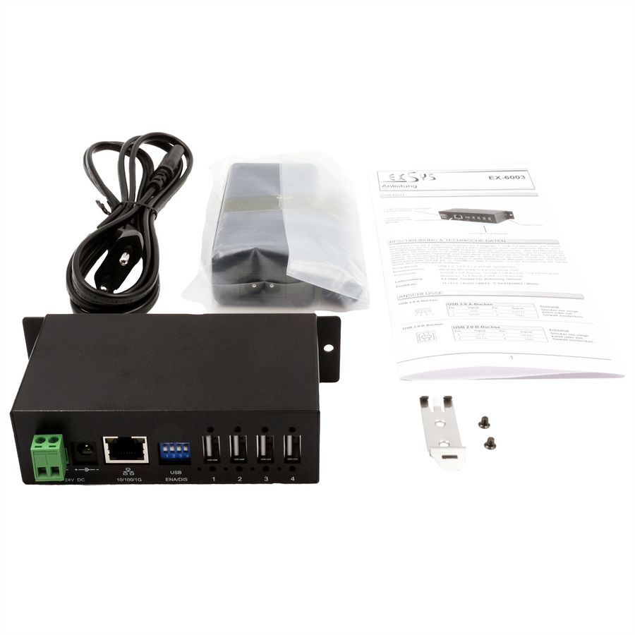 EXSYS EX-6003HMVS Device Server 4x USB 2.0, DIN-Rail-Kit, Metall-Gehäuse