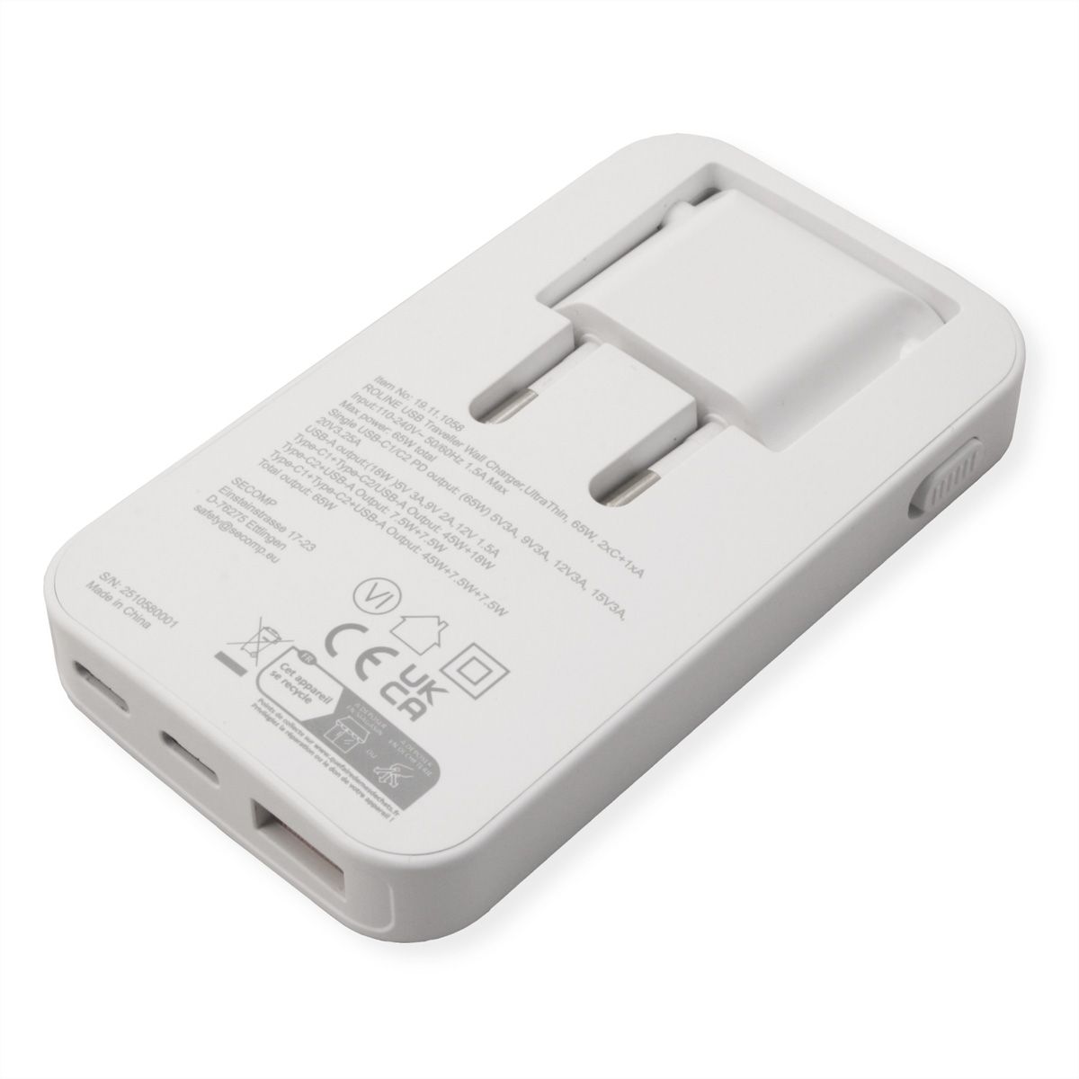 ROLINE Chargeur USB extra plat, avec prise Euro pliable, 65W