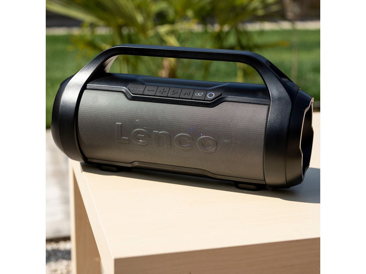 Lenco Boombox, spritzwasser geschützt, schwarz, USB, SD, Radio, Licht