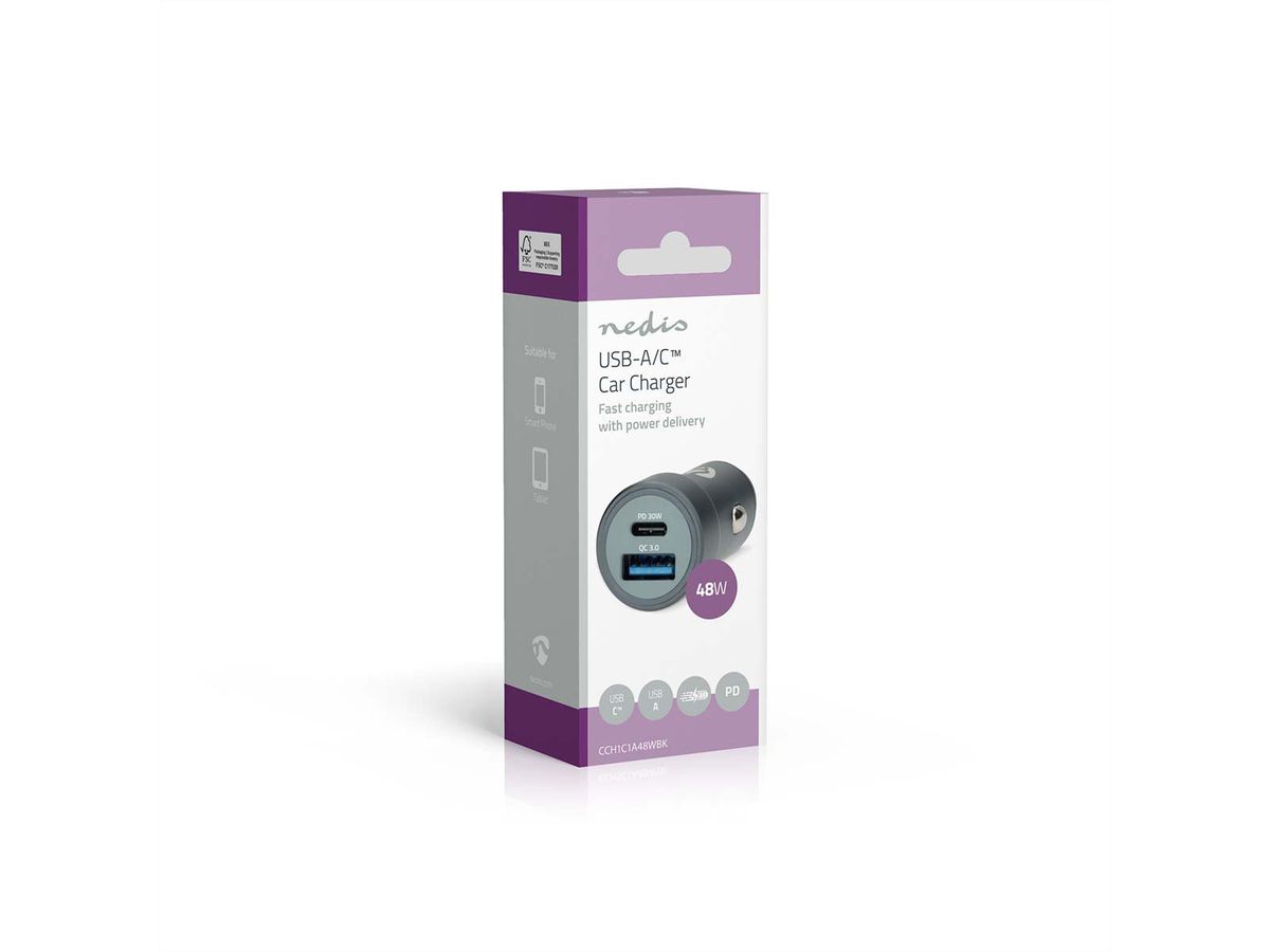 Nedis Auto-Ladegerät 48W, USB-C/USB-A, PD3.0, dunkelgrau