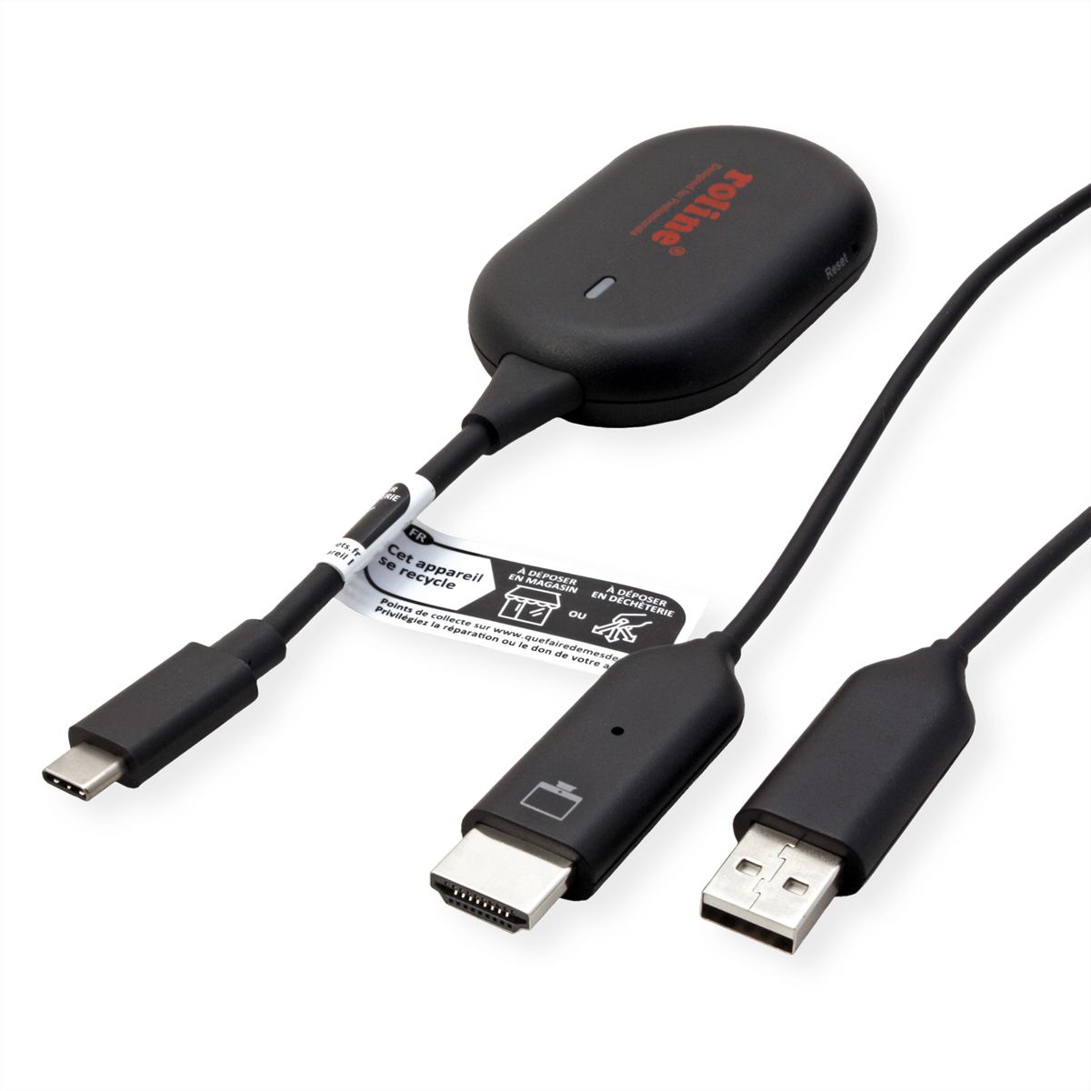 ROLINE Drahtloses P2P-Anzeige-Dongle-Set, Tx+Rx, Wireless USB-C zu HDMI, 1080p, 20 m