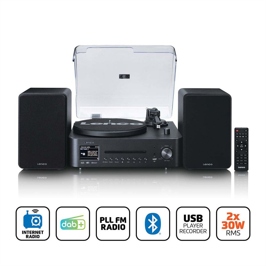 Lenco MC-760BK - Chaîne hi-fi stéréo avec platine vinyle et haut-parleurs, CD, MP3, BT, USB, RC