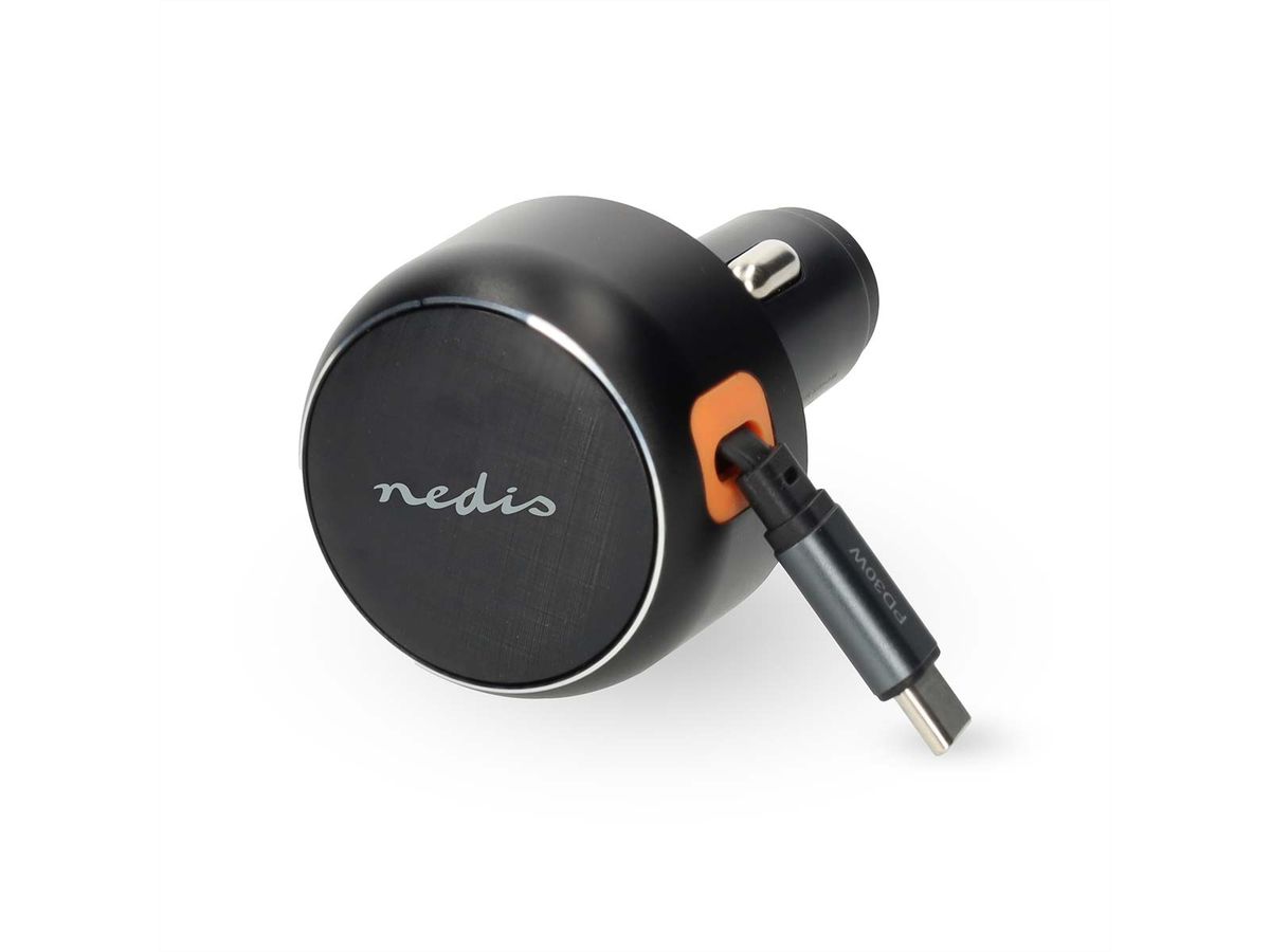 Nedis Auto-Ladegerät – 30 W mit aufrollbarem USB-C-Kabel, car charger 30W - Dunkel Grau