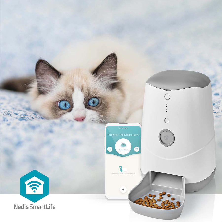 Distributeur de nourriture Nedis SmartLife Wi-Fi 3,7 l pour chiens et chats, Android™ / IOS, Blanc, Gris