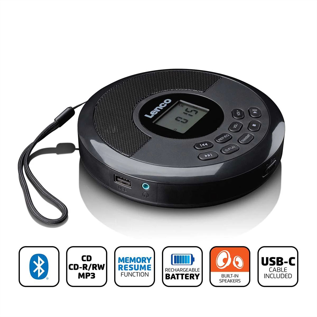 Lenco CD-340BK tragbarer CD MP3 Player mit Bluetooth , Schwarz