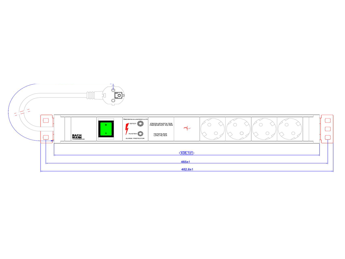 BACHMANN 19" PDU 1,5HE 4xCEE7/3 GVS, Schalter, Gerätevollschutz