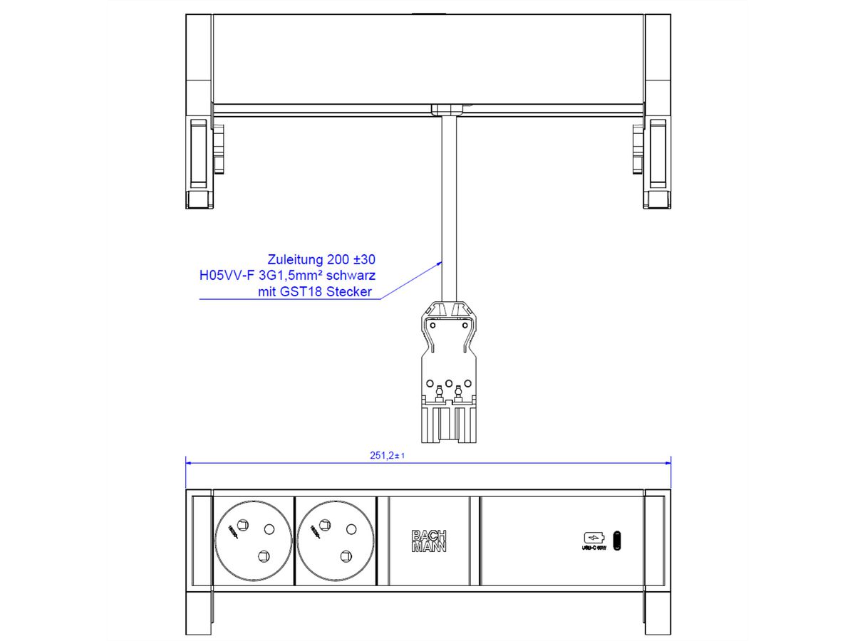 BACHMANN DESK2 2xUTE 1xUSB C 60W 0,2m GST18 RAL9005