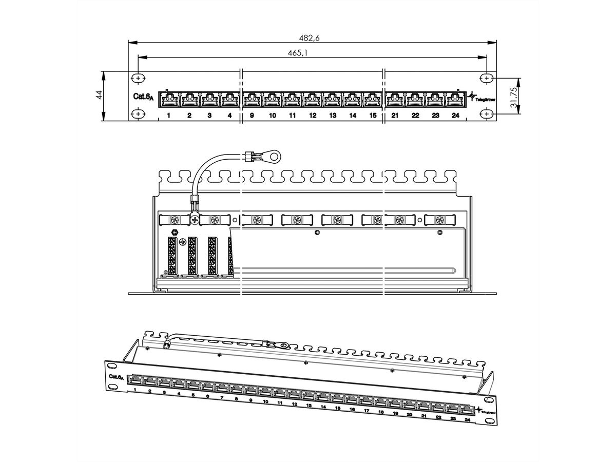 19"-Verteiler MPP24, 1 HE, Kat.6A (Class EA) (ISO/IEC), 24 Ports, RAL 9005 Tiefschwarz