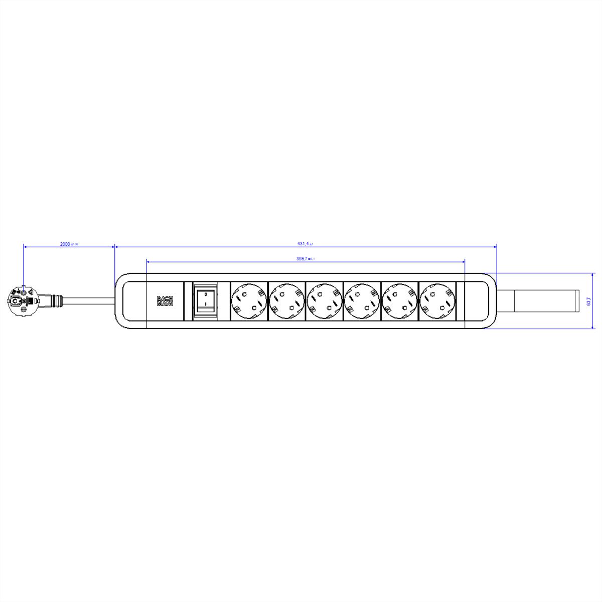 BACHMANN PRIMO 2 6xCEE7/3 1xSchalter mit Schlaufe 2m CEE7/7 RAL5010