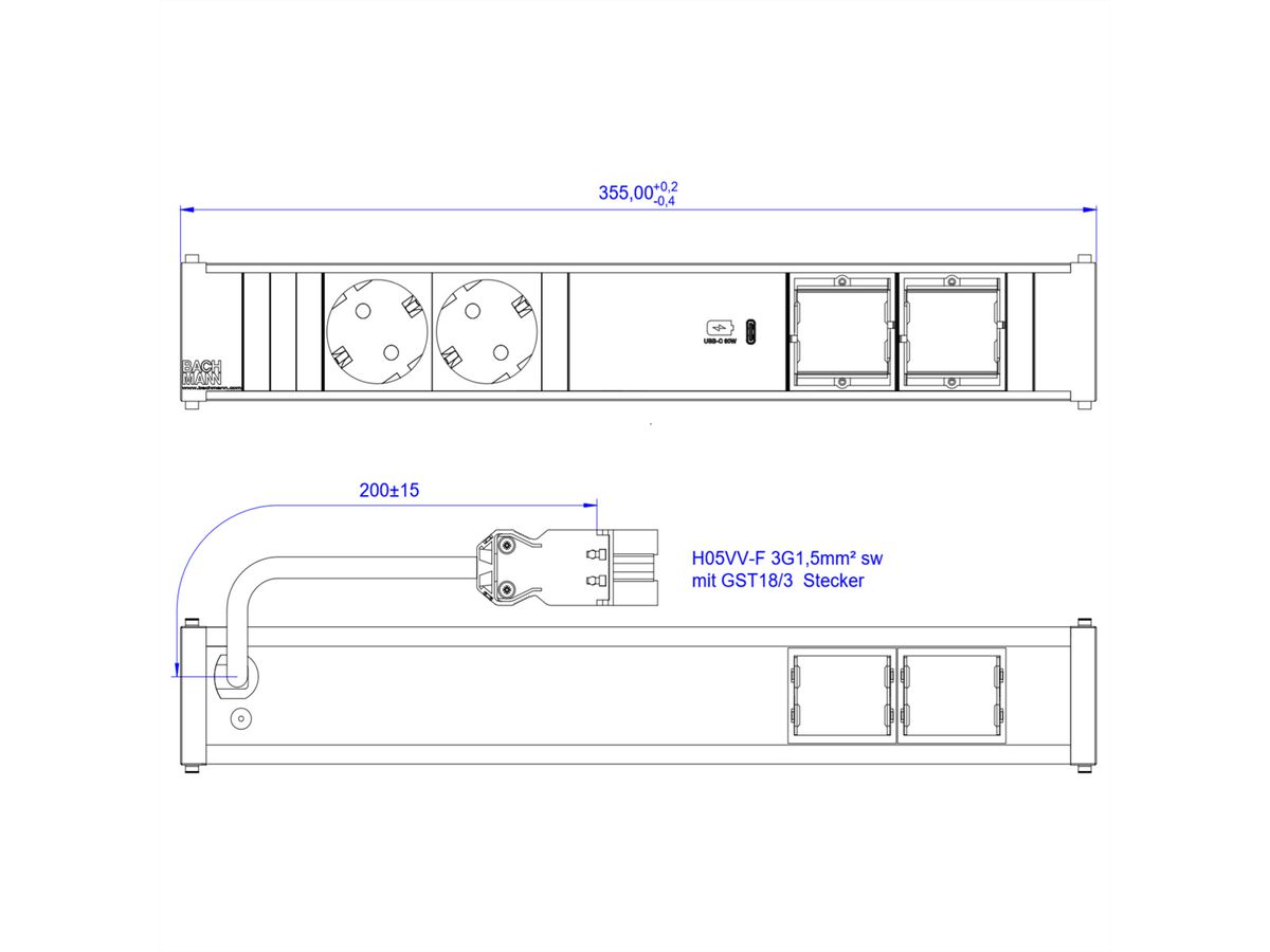 BACHMANN CONI 2xCEE7/3 1xUSB C 60W, Schutzkontakt GST18 Stecker