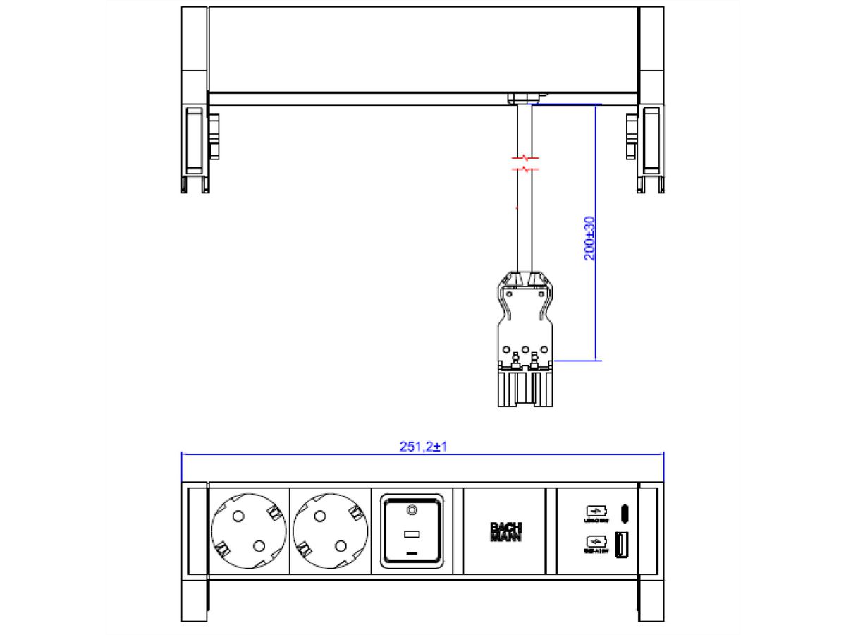 BACHMANN DESK2 ALU WHITE 2xCEE7/3 1xinterrupteur 1xUSB A/C 22W 0,2m