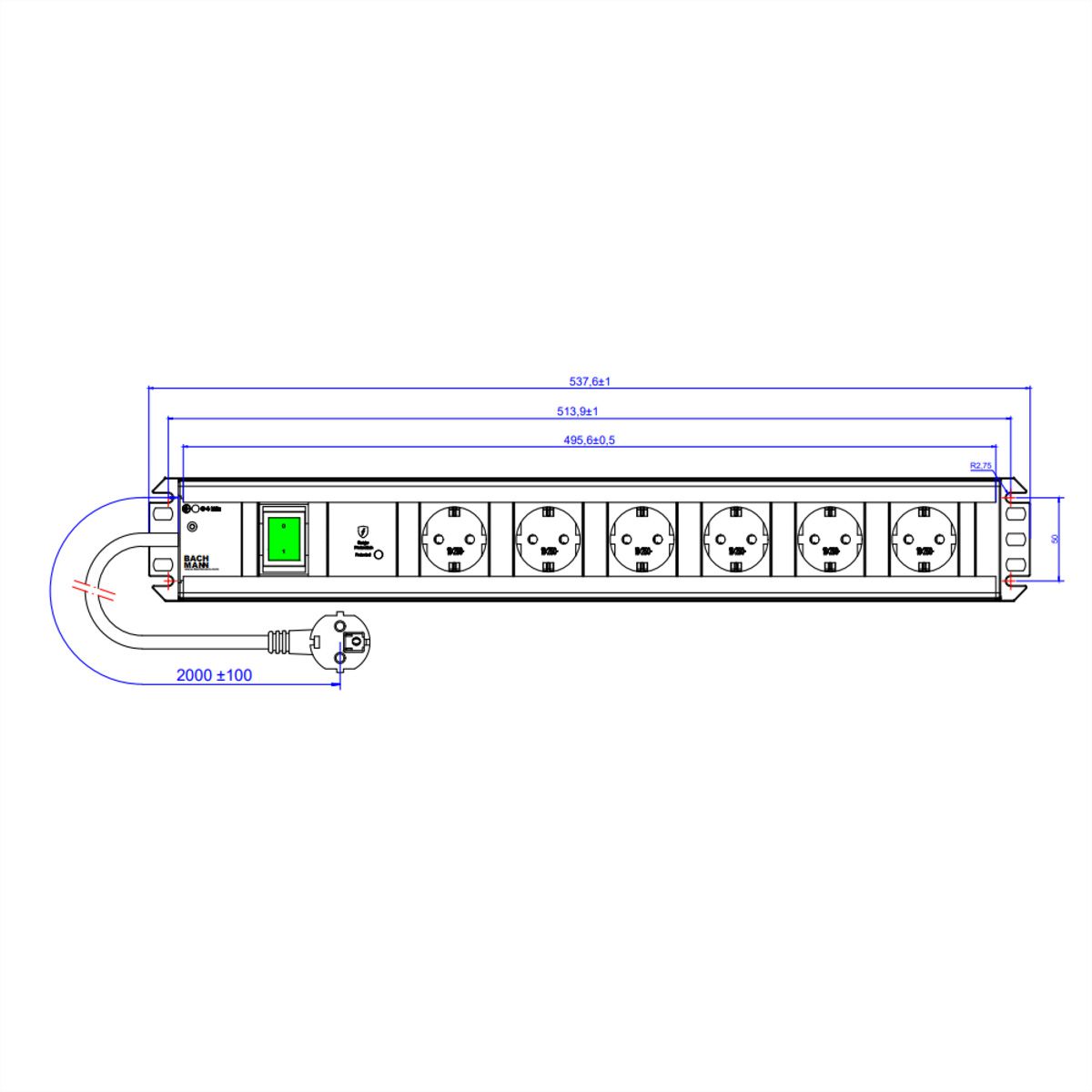BACHMANN Multiprise 6xCEE7/3 1xSPD-Plus 1xinterrupteur 2,0m