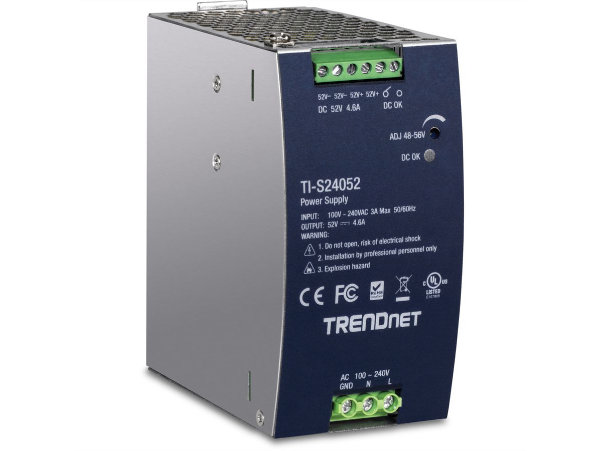 TRENDnet TI-S24052 Alimentation électrique rail DIN 240W, 52V DC, 4,61A AC vers DC avec fonction PFC