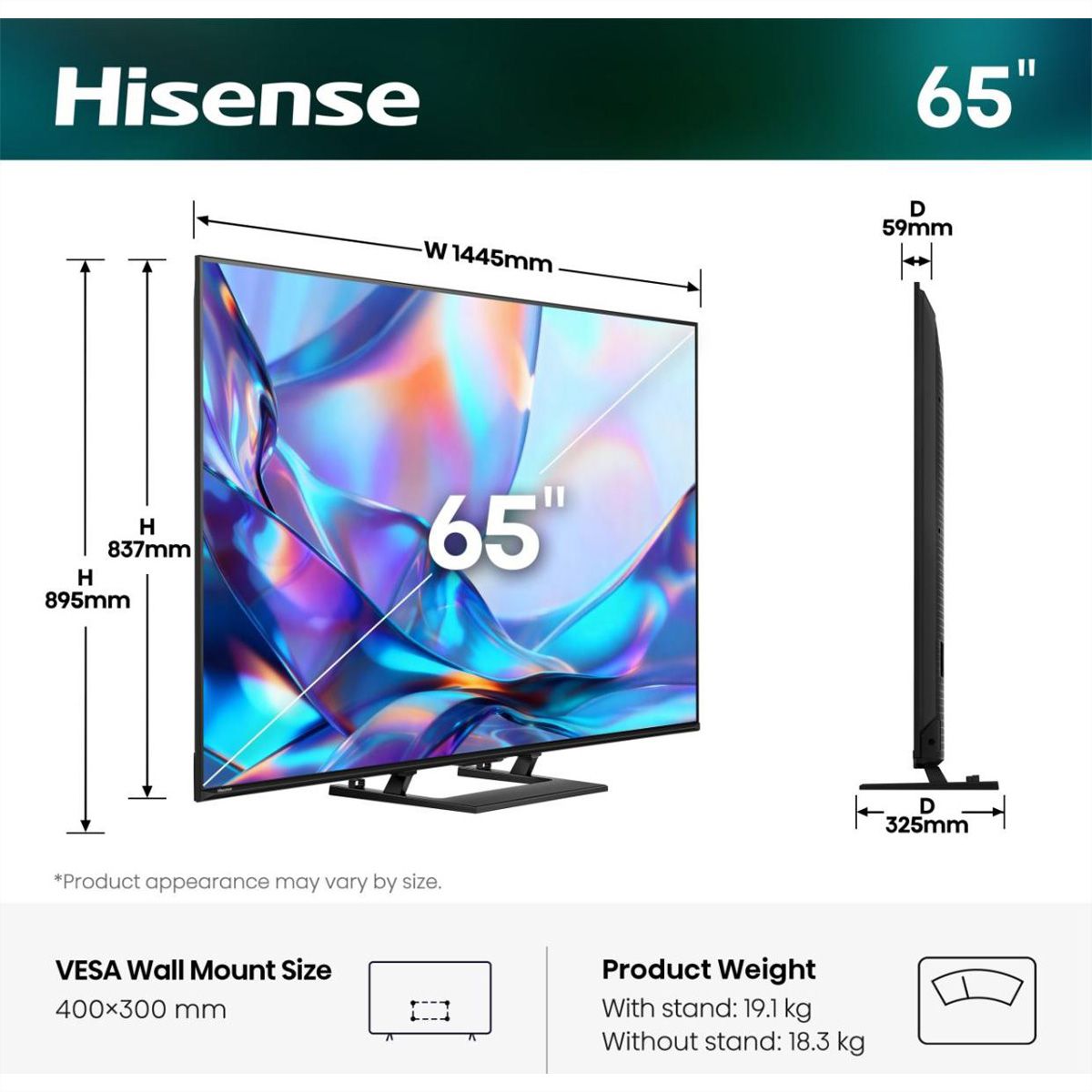 Hisense TV 65A7DS 65", QLED 4K, 60Hz, 350 Nits