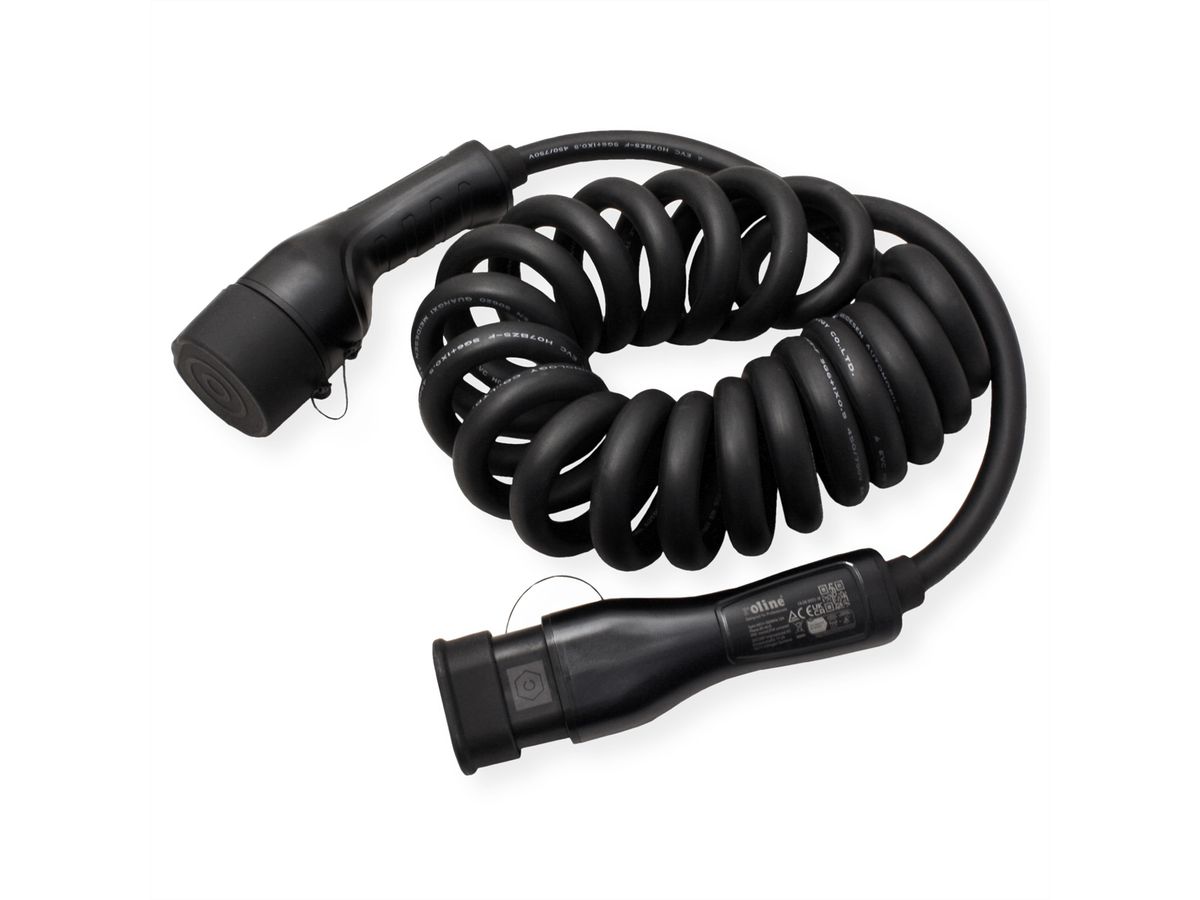 ROLINE Câble de recharge VE type2, 3-Phases, 480VAC (3P+N+E), 16 A, 11 kW, spirale (max. 5m)