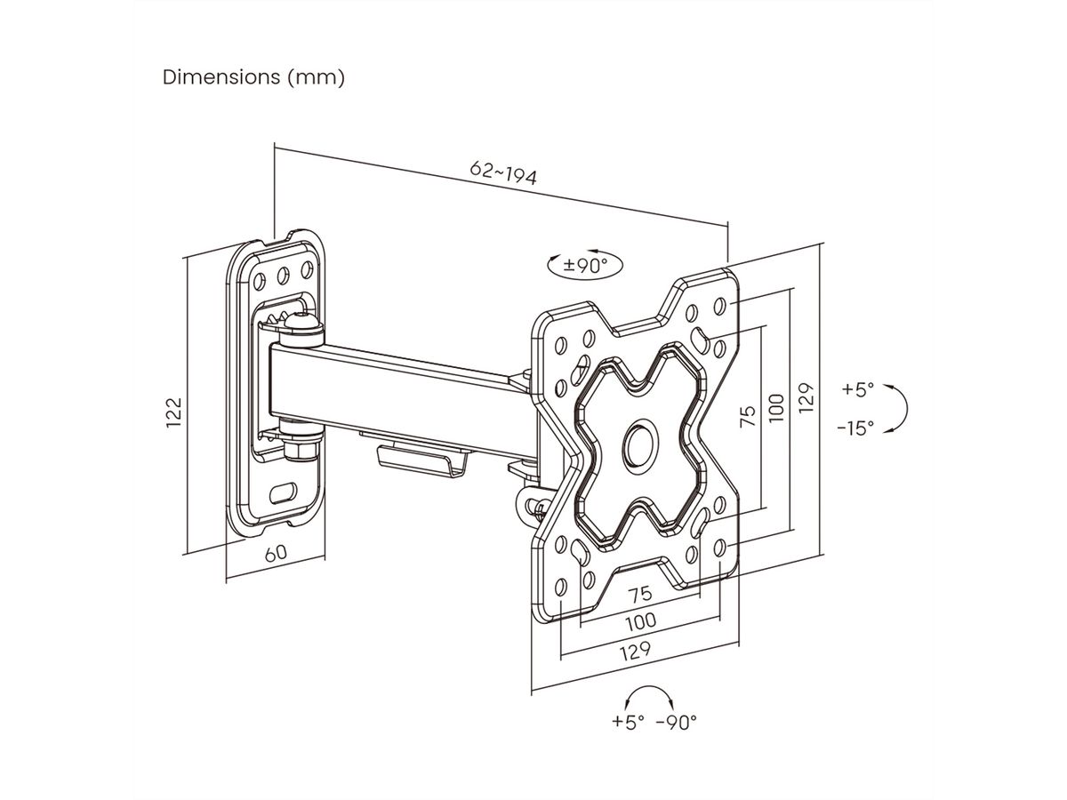 ROLINE Bras TV mural pivotant, 2 axes, 13-32 pouces, jusqu'à 20 kg