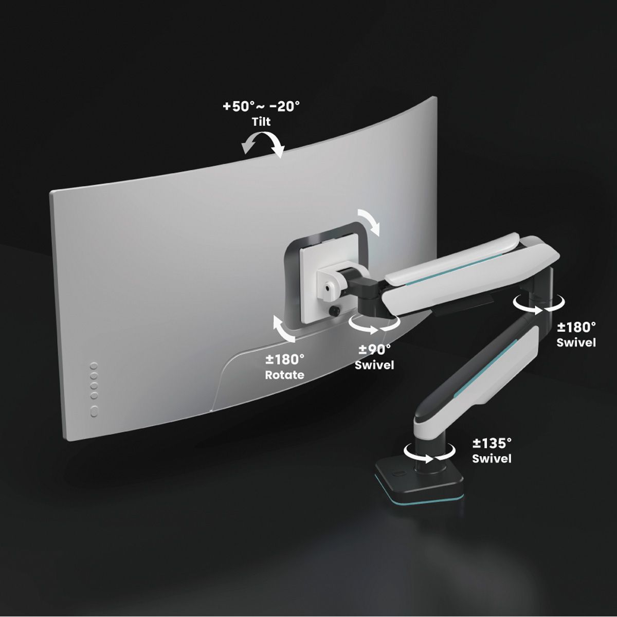 ROLINE Support LCD à gaz, fonction pivot, 5 axes de rotation, 17–49 pouces, jusqu'à 20 kg
