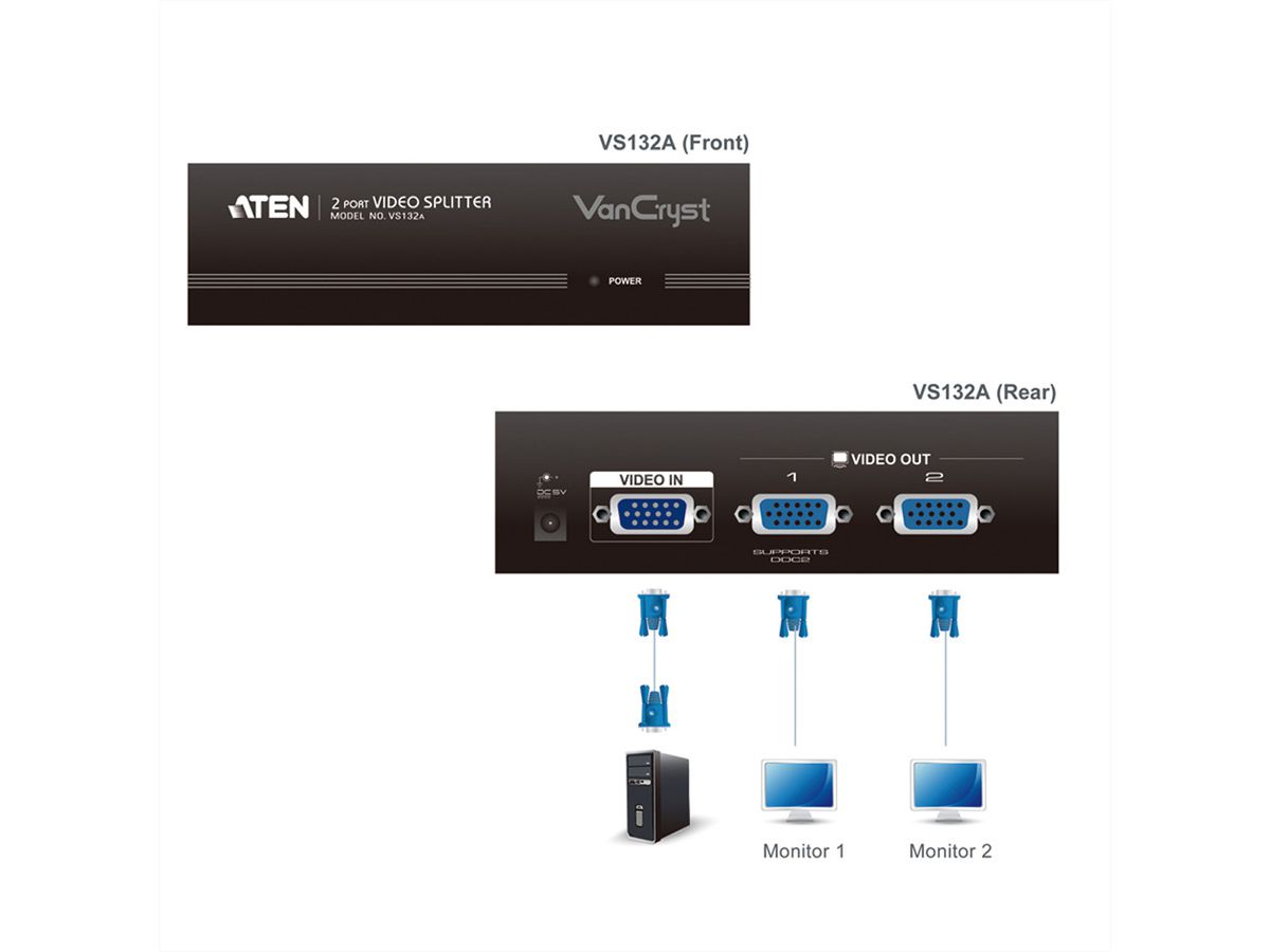 ATEN VS132A Splitter Vidéo, 450MHz, 2 écrans