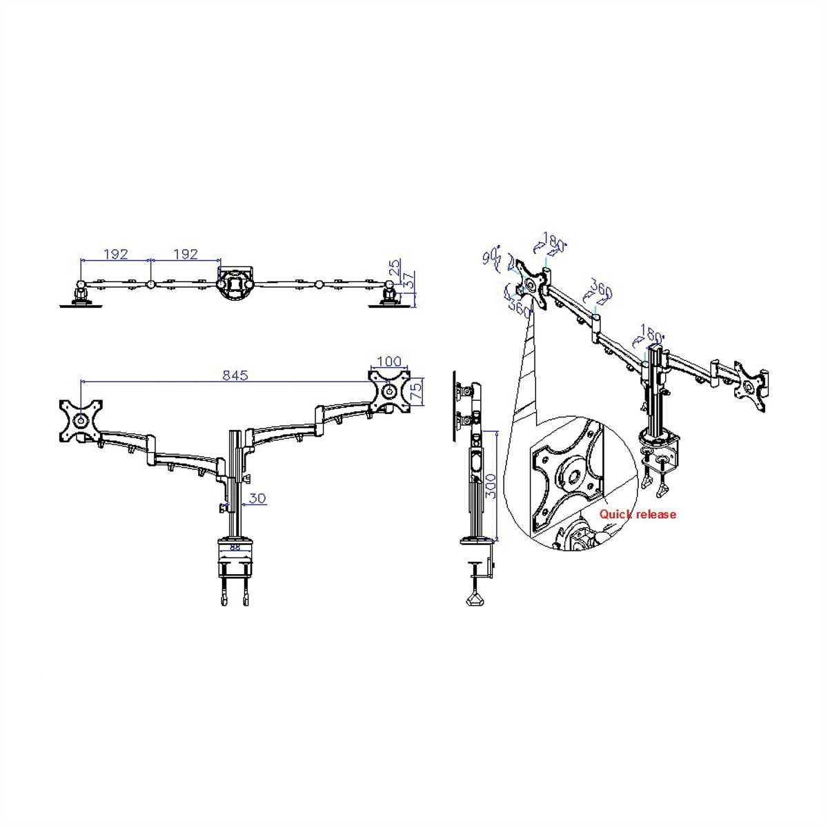 VALUE Bras double LCD, 4 points, fixation sur table, réglage séparé en hauteur