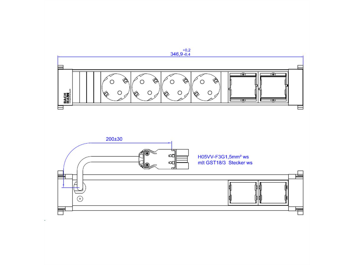 BACHMANN POWER FRAME 4xCEE7/3 2xCM 0,2m GST18 RAL9010