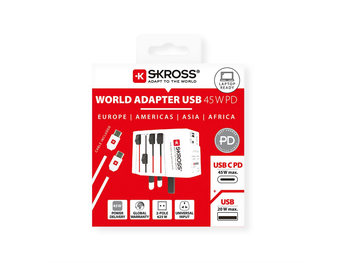 SKROSS Adaptateur de voyage MUV USB A/C 45PD avec câble USB-C, monde