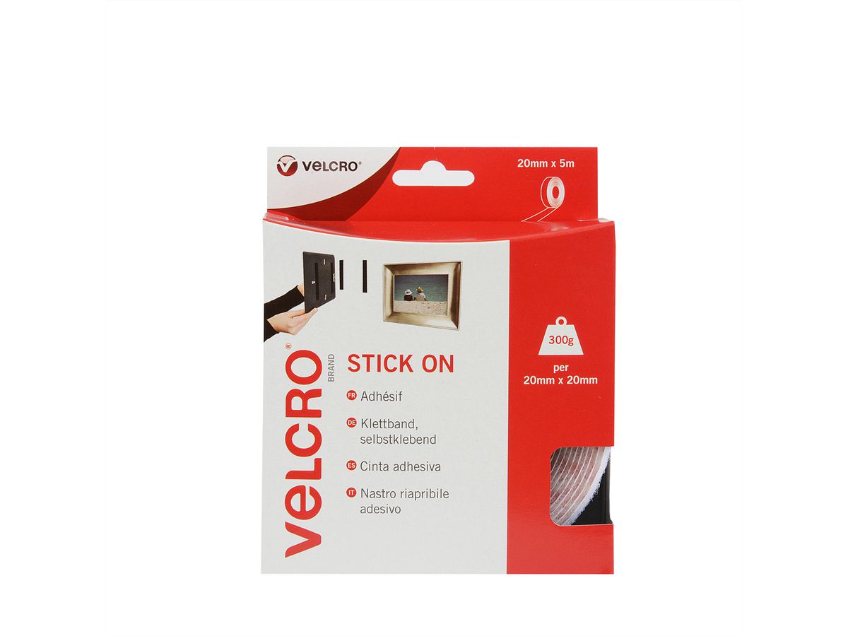 VELCRO® Bande 20mmx5m blanc, crochets & velours autocollants