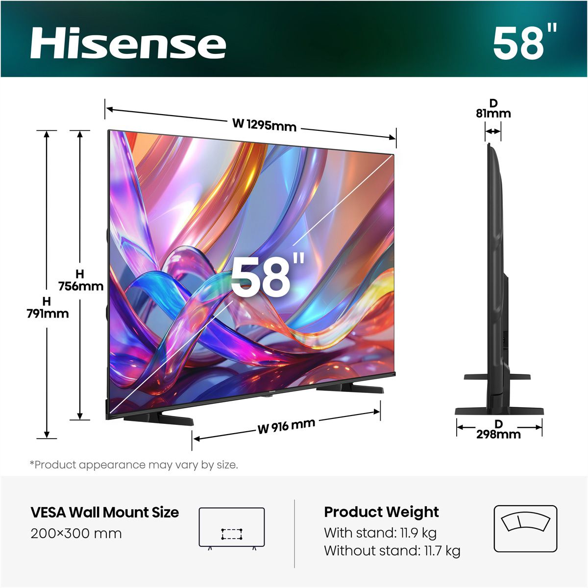 Hisense TV 58E7S 58", QLED 4K, 60Hz, 350 Nits