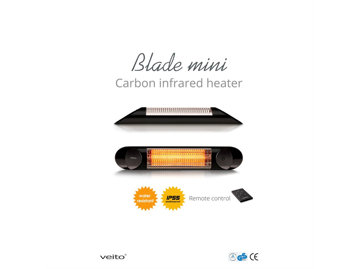Veito radiateur infrarouge Blade Mini, noir, 1200W, appareil mural, 4 niveaux de chauffage