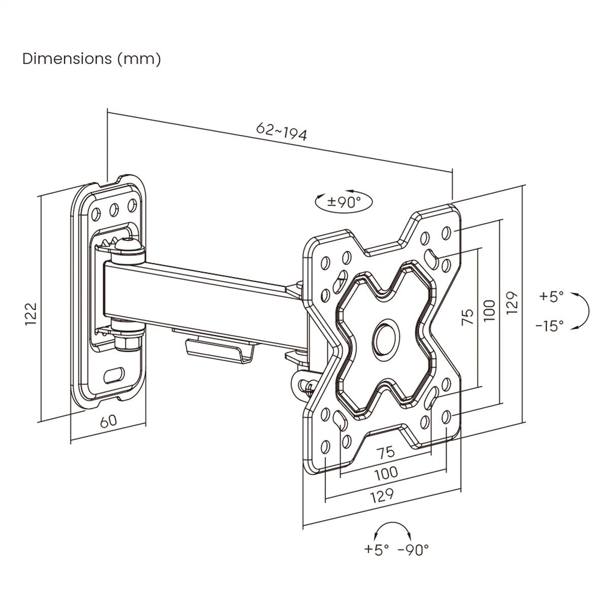 ROLINE Bras TV mural pivotant, 2 axes, 13-32 pouces, jusqu'à 20 kg