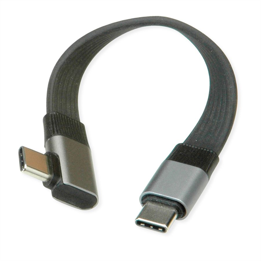 ROLINE USB4 2.0 Flachkabel, C–C, ST/ST, 8K UHD-2, 80Gbit/s, 240W, einseitig 90°-gewinkelt, schwarz, 0,13 m