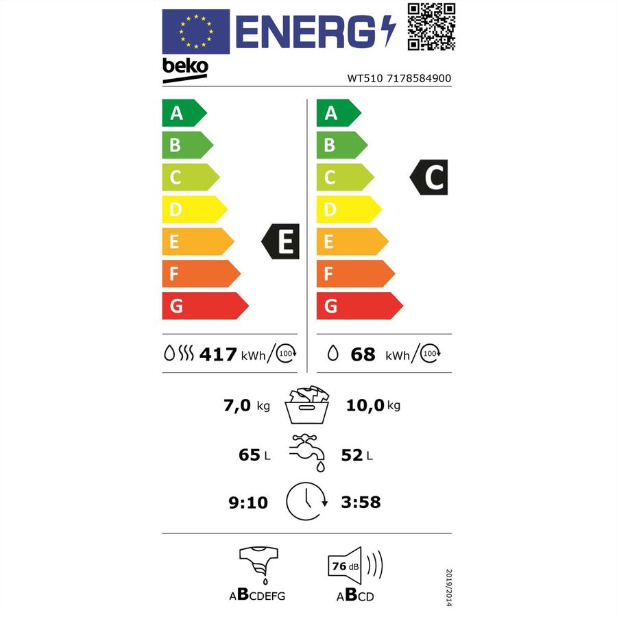 Beko Lave-linge séchant WT510, W10kg/T7kg, SteamCure, 1'400U/min