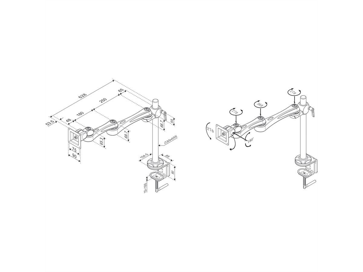 ROLINE Bras LCD pivotant, 4 points, pince de fixation