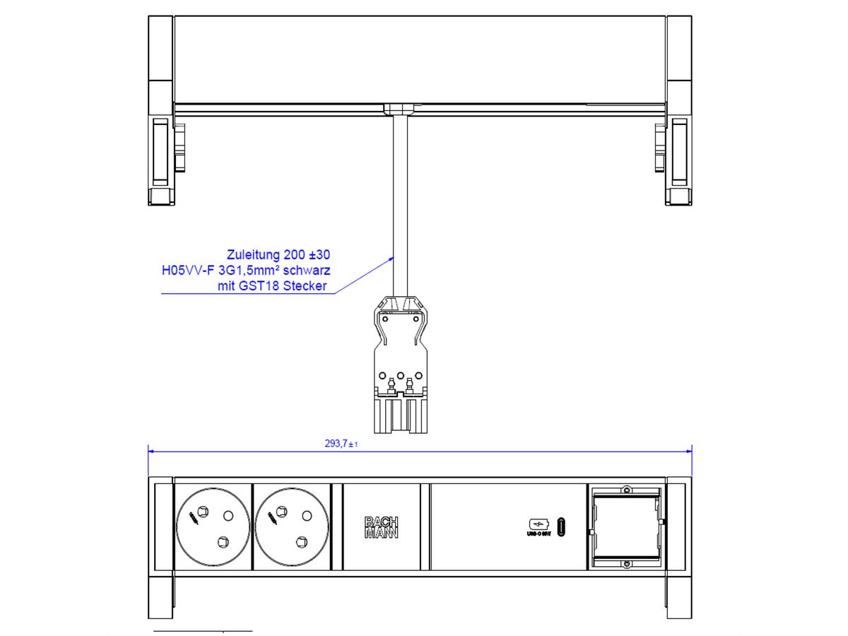 BACHMANN DESK2 2xUTE 1xUSB C 60W 1xCM 0,2m GST18 INOX
