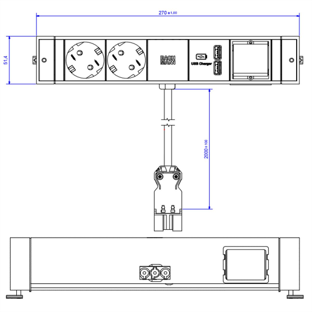 BACHMANN DESK RAIL 2x Schutzkontakt 1x USB Charger 1x ABD