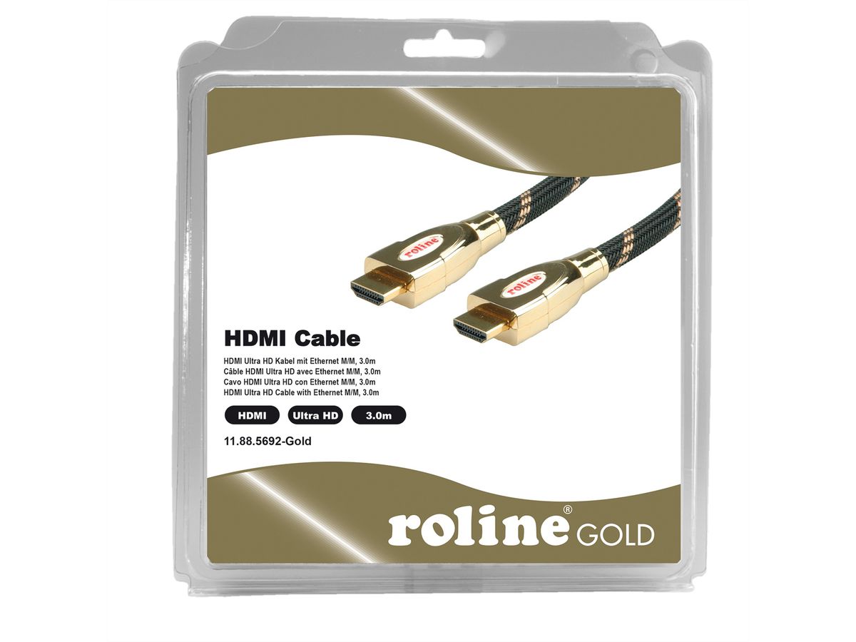 ROLINE GOLD HDMI Ultra HD Kabel mit Ethernet, ST/ST, Retail Blister, 3 m