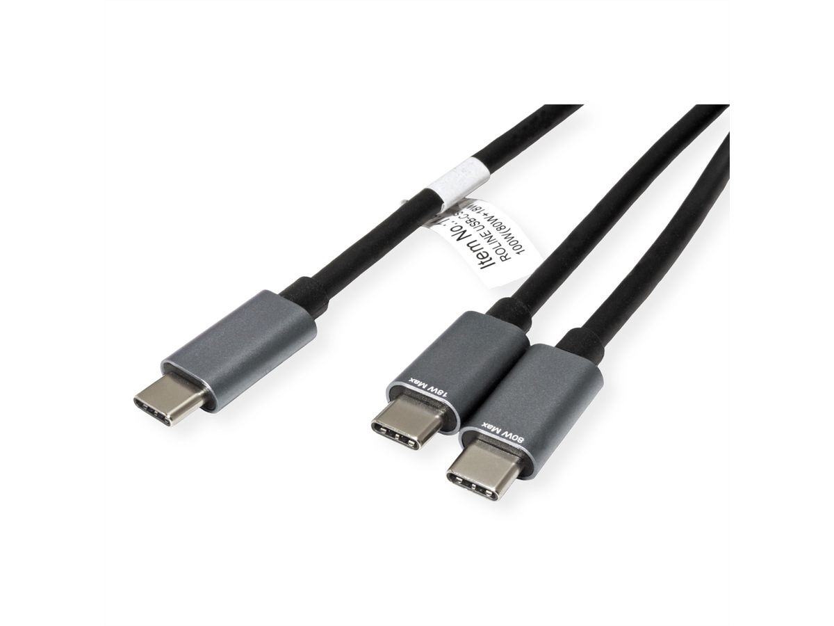 ROLINE Câble de chargement Y - Splitter, Type C vers 2x C, M/M, max. 100W, noir, 1,85 m