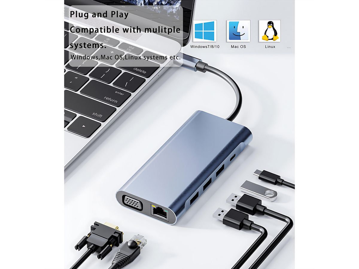 VALUE Station d'accueil USB type C, HDMI 4K60, VGA, 1x Gigabit Ethernet, 2x USB A + type C PD, 1x SD/microSD, 1x audio