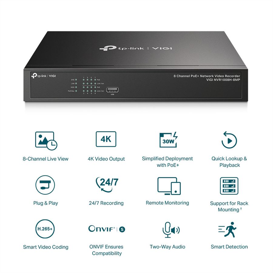 TP-Link NVR1008H-8MP NVR Netzwerk-Videorekorder 8-CH, 8x PoE