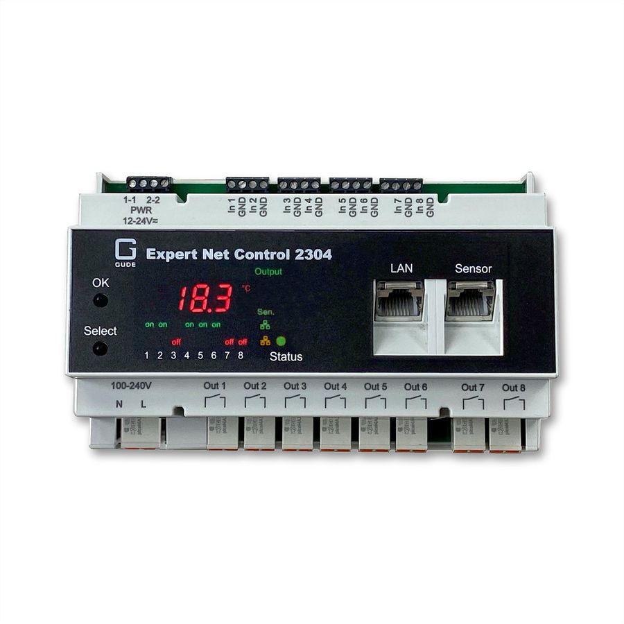 GUDE 2304-1 Remote I/O 8xIn 8xOut, 1 port capteur, rail DIN