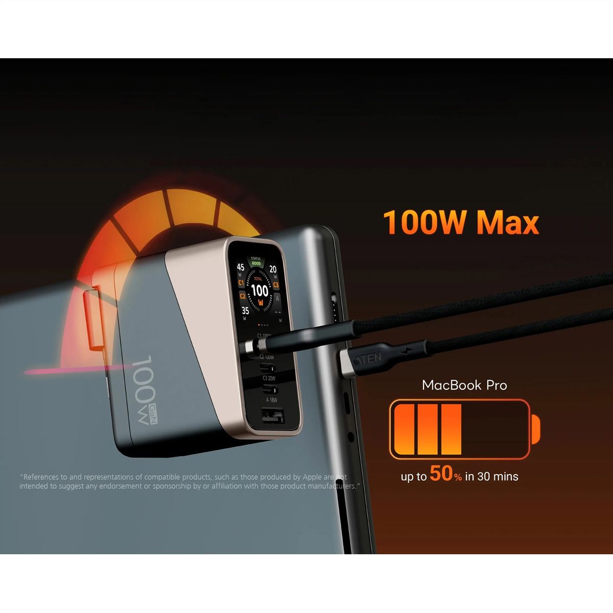 ATEN UP5100 Chargeur intelligent à 4 ports de 100 W avec écran