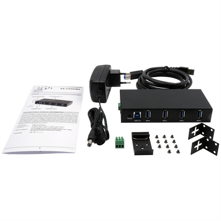EXSYS EX-11234HMS 4 Port USB 3.2 Gen 1 HUB Din-Rail Kit und Wand VIA VL811+ Chipset
