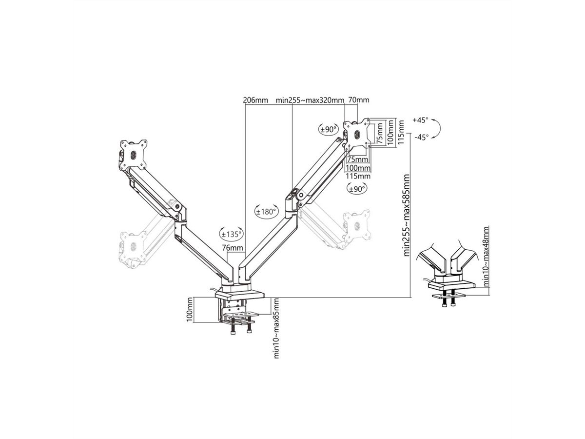 ROLINE Support double LCD à gaz, 5 axes de rotation, max. 15 kg