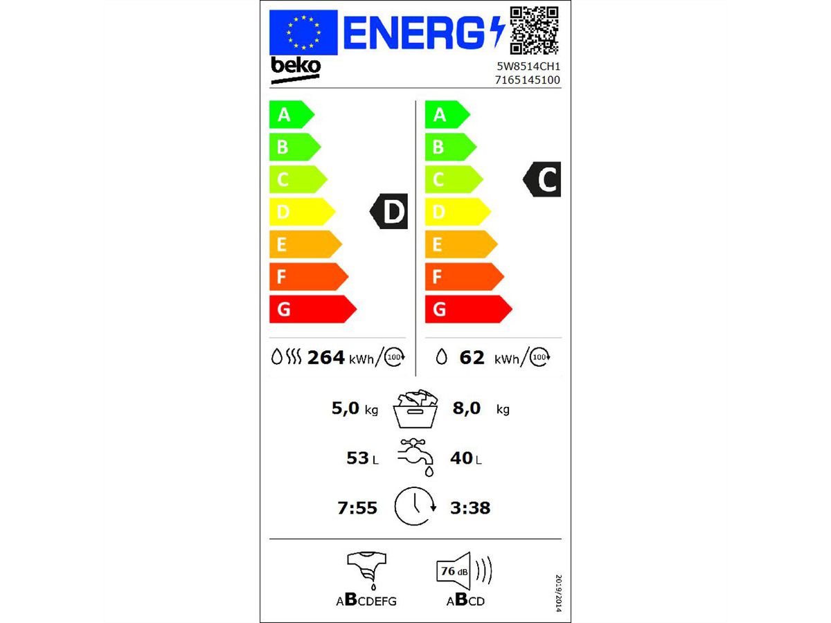 Beko Lave-linge séchant (2en1),5W8514CH1, W8kg/T5kg, SteamCure, 1'400U/min