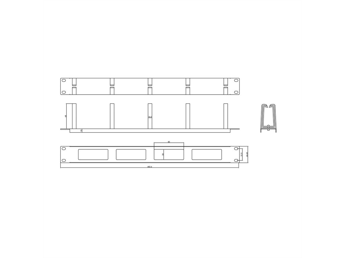 VALUE 19"-Frontplatte, 5 Kabelösen Typ C, Kabeldurchführung, RAL 9005 Tiefschwarz