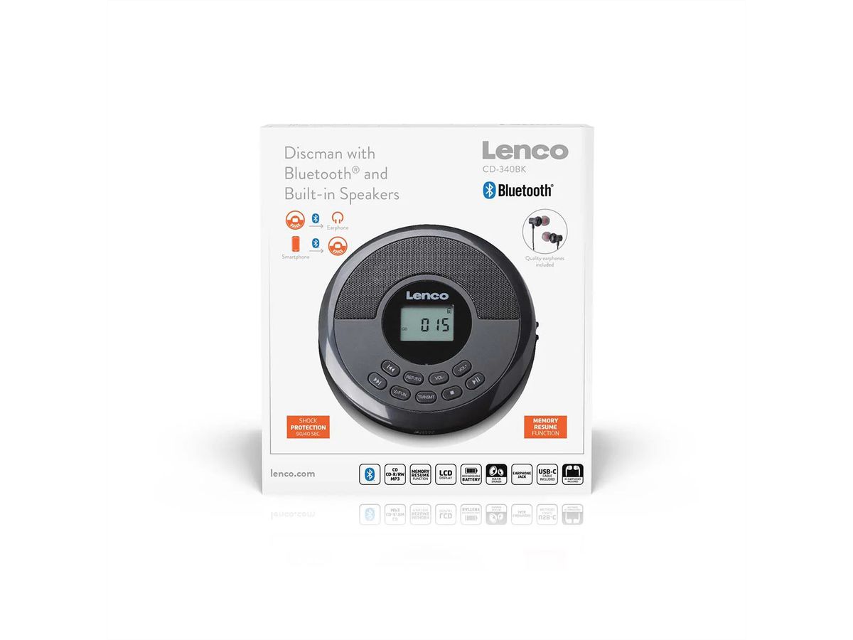 Lenco CD-340BK tragbarer CD MP3 Player mit Bluetooth , Schwarz