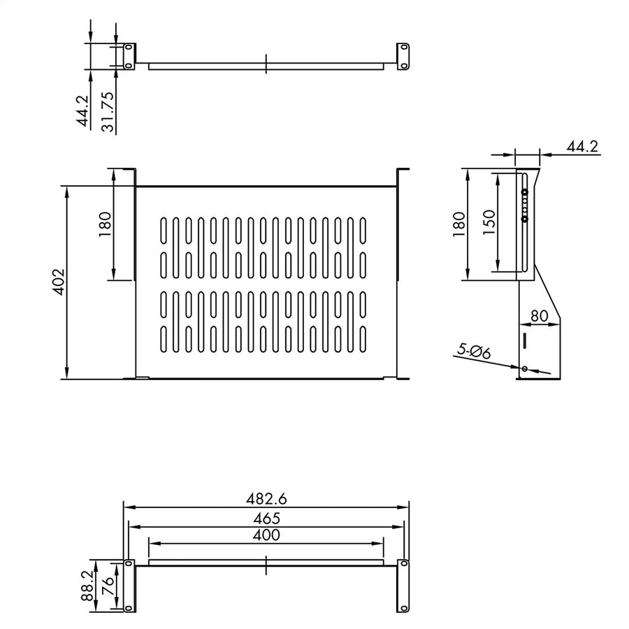 VALUE Etagère 19", 485 x 400mm, 2UH, max. 25kg, noir