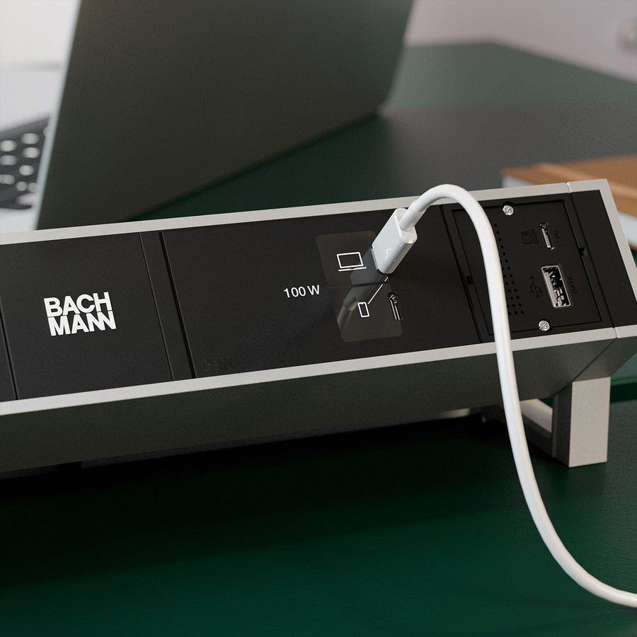 BACHMANN DESK2 2xCH 90° 1xUSB C/C 100W, 1xCM L=0,2m INOX