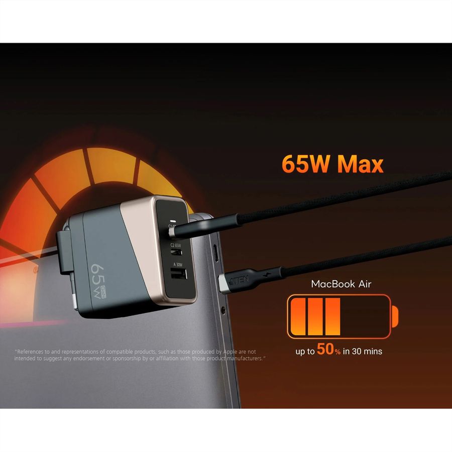 ATEN UP365 Chargeur GaN 65 W à 3 ports