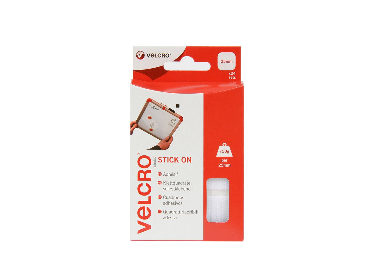VELCRO® Boutons carrés 25x25mm x 24 blncs, crochets & velours autocollants
